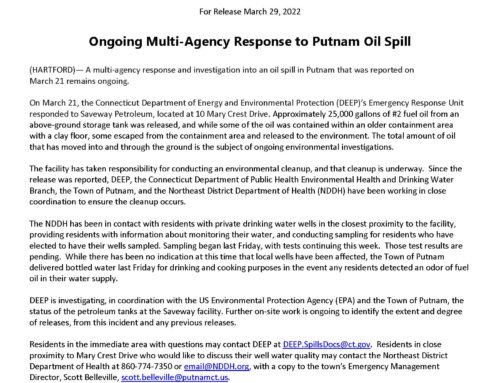 Ongoing Multi-Agency Response to Putnam Oil Spill