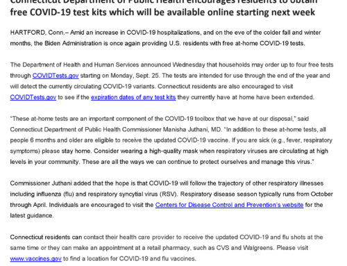CT DPH Encourages Residents to Obtain Free COVID-19 Test Kits